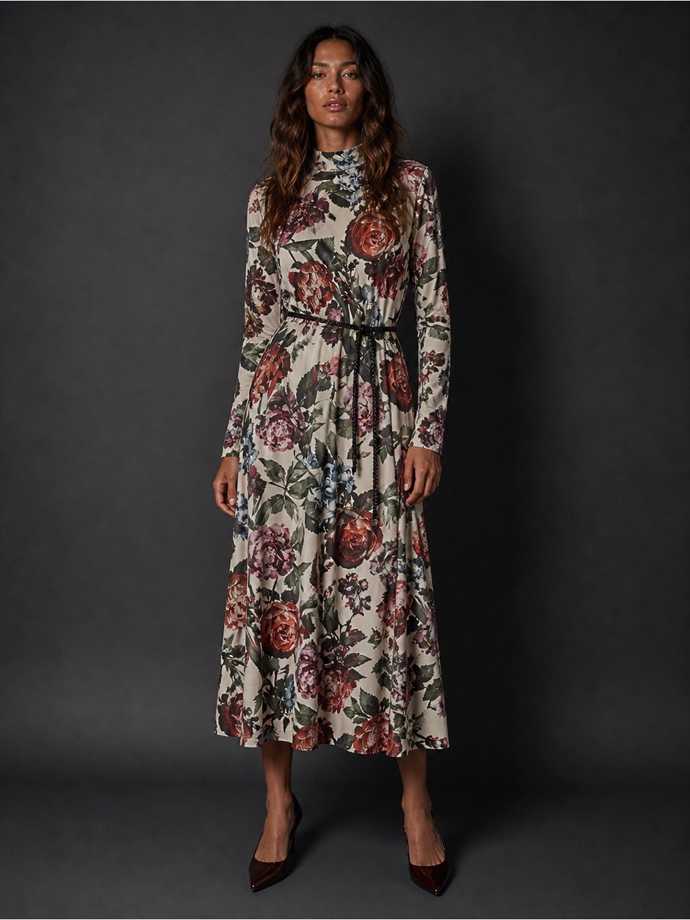 Function & Fringe Edit | Floral Multicolor Mock neck Maxi Dress w/ Belt